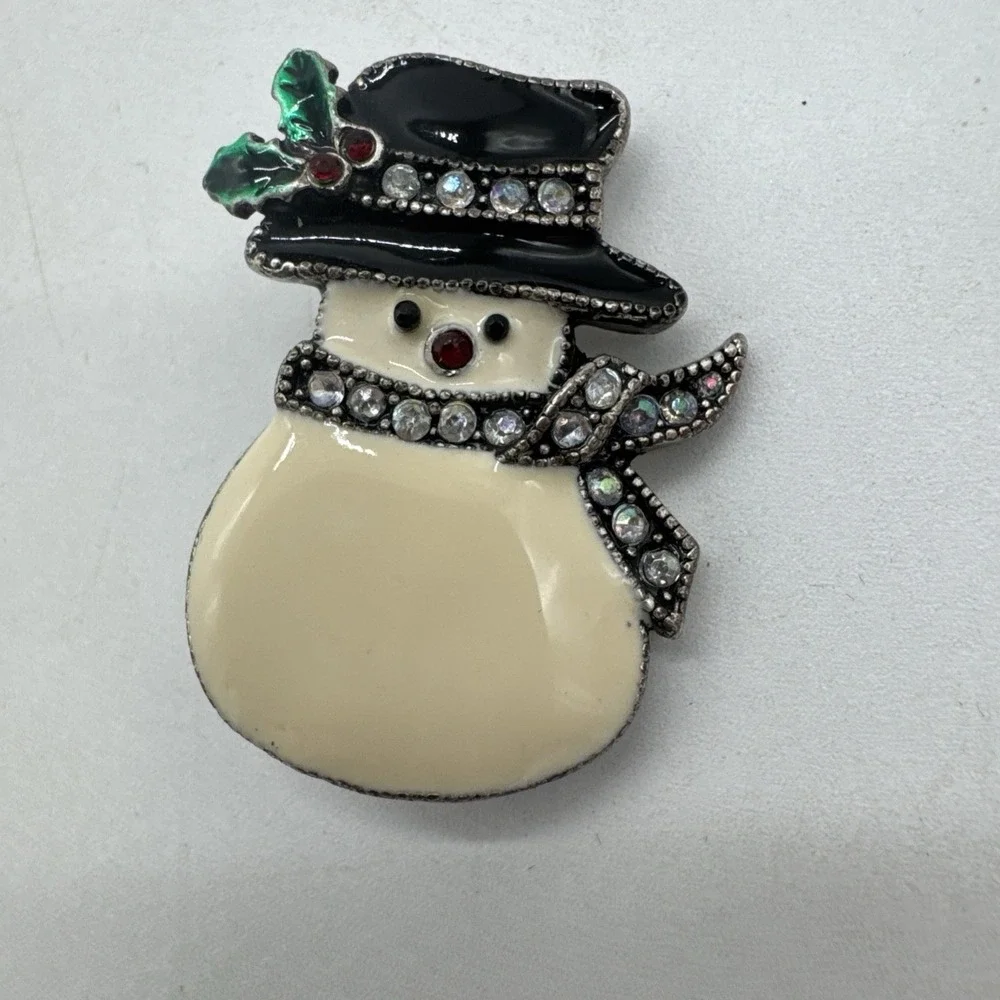 Vintage Tanya Creations TC Snowman Brooch Rhinestone Enamel Christmas Pin 1.5
